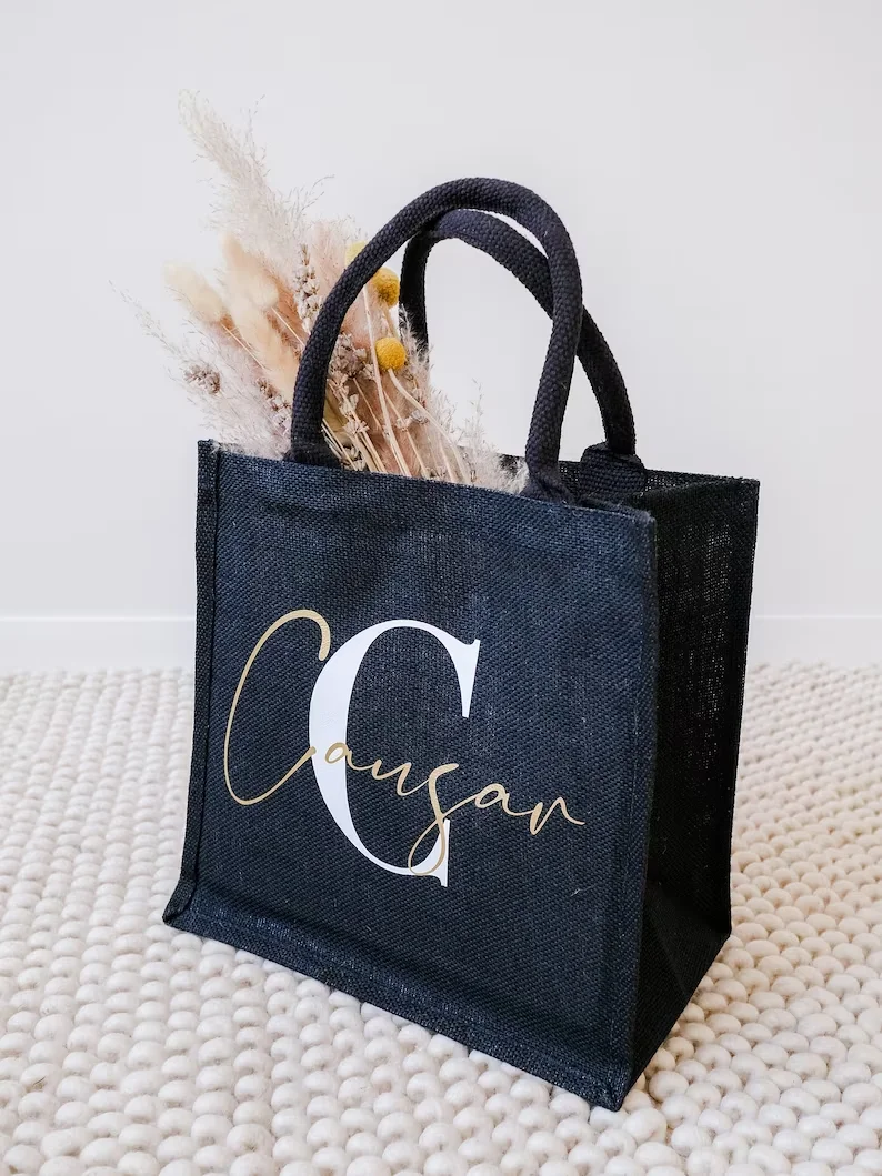 Personalized Black Jute Bag with Initial and Name Bachelorette Party Mother\'s Day Shopping Bags Teacher Farewell Gift Idea Bag