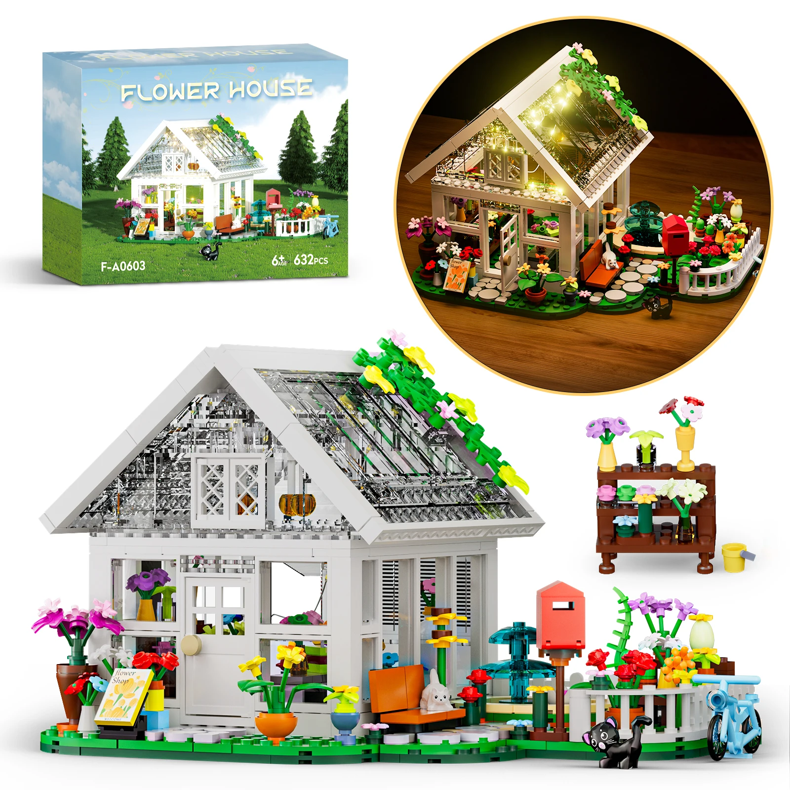 

Flower House Building Blocks Set with LED Light Garden House Fountain Countyard Buiding Toy with Flower Potted Cat Playset Gifts