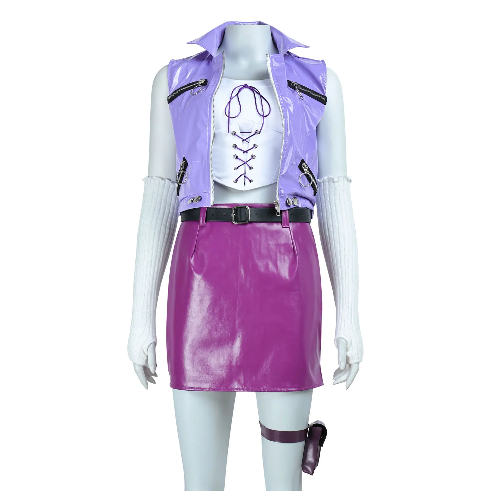 Yu-Gi-Oh Mai Valentine Cosplay Costume Set, Mai Kujaku Outfit with Sleeves,  Purple Faux Leather Vest & Skirt