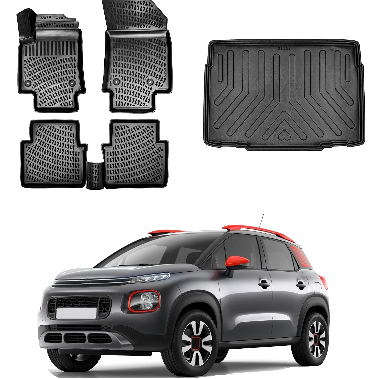 Floor Mats + Cargo Trunk Liner Fits Citroen C3 Aircross 2017-2024 Set - All Weather Maximum Coverage - Water Resistance