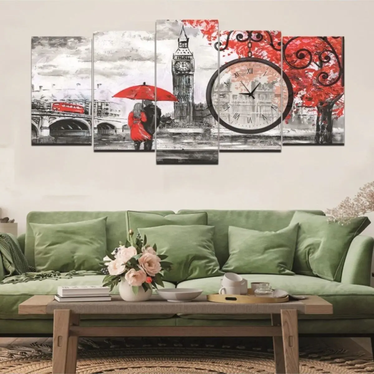 5 Parça London Temalı Saatli Mdf Table Big size Luxury Wall Clock Large Size Table European Model Handmade Table and Clock