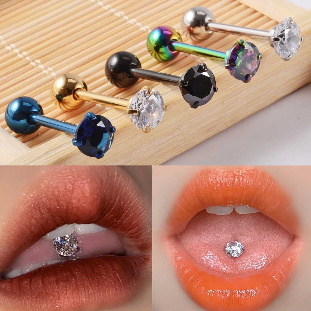 

50PCS 316L Surgical Steel Prong Zircon Tongue Barbell Piercings Mix Color Tongue Barbell Rings Wholesale Piercing Jewelry