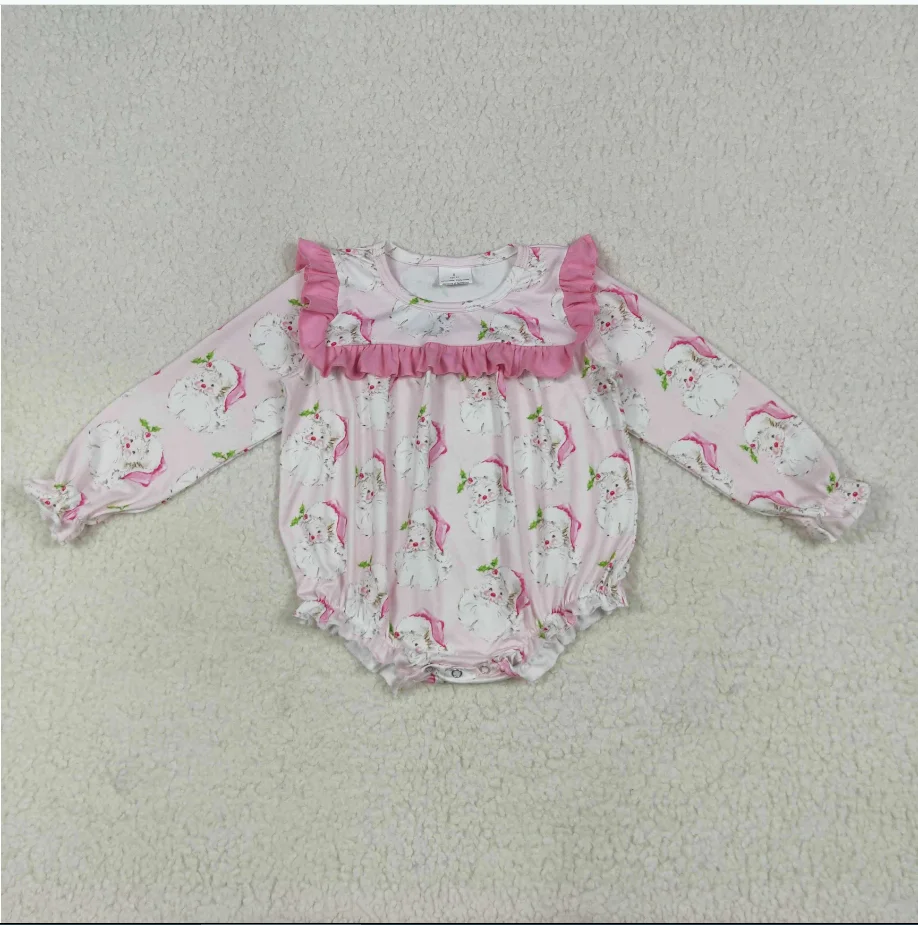 

One Piece Bubble Ruffle Onsies LR2208 Santa Holly Pink Print Baby Girls Christmas Romper
