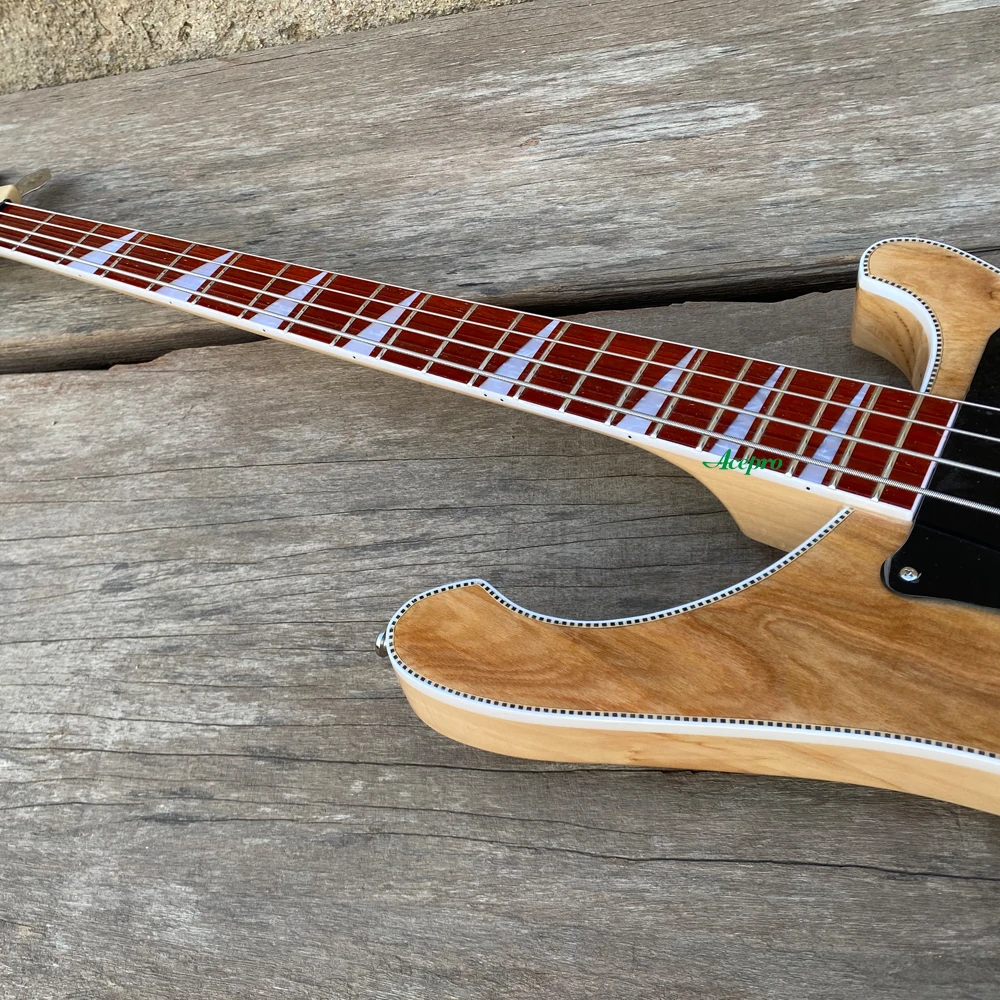 Maple+Rosewood Neck Thru Body Electric Bass Guitar, Adjustable Bridge, Spalted Maple, Checkerboard Binding, Black Pickguard Bass