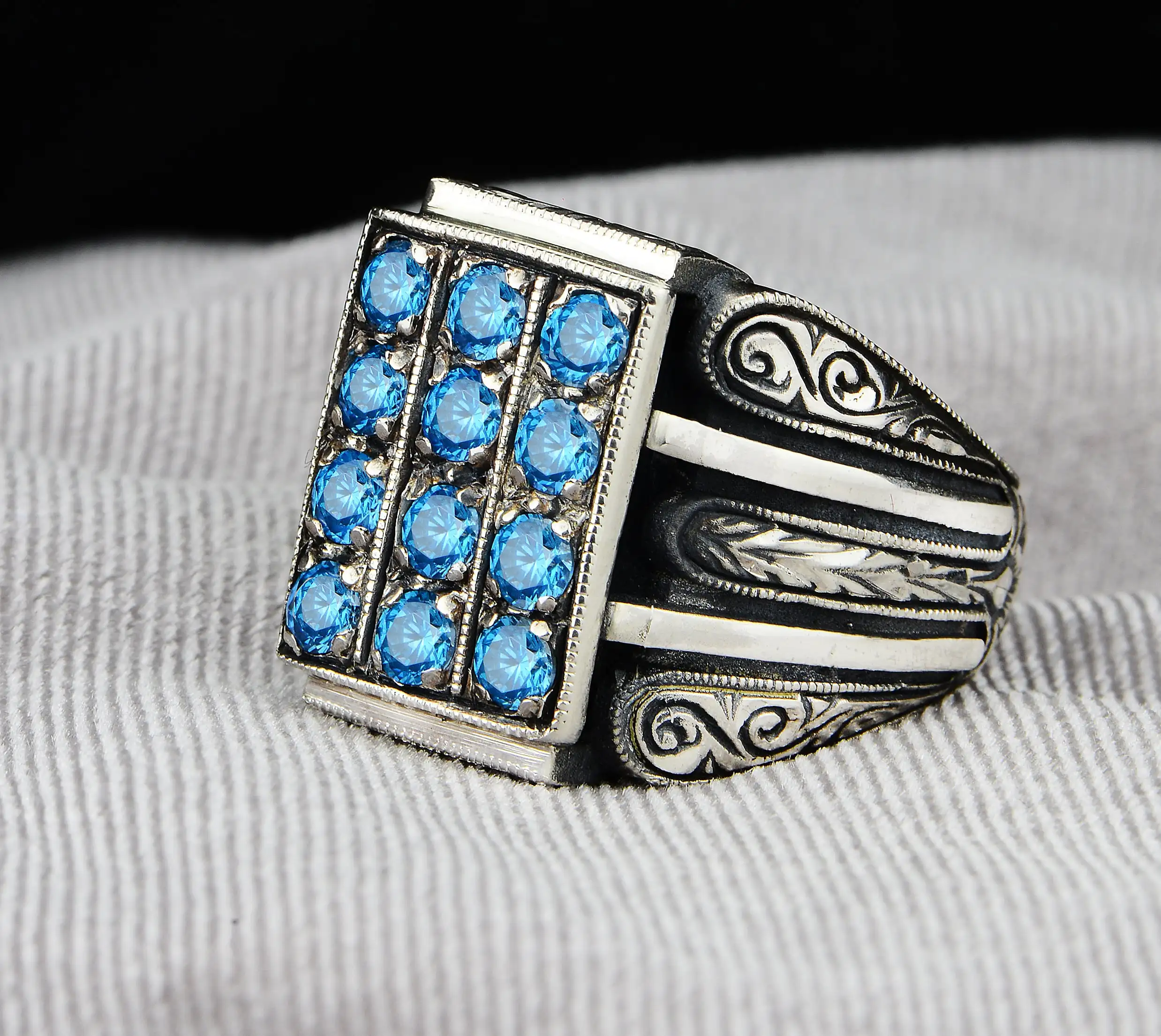 Silver Aquamarine Stone Ring, Hand Engraved Ottoman Style Ring , Blue Gemstone Ring, 925k Sterling Silver Ring