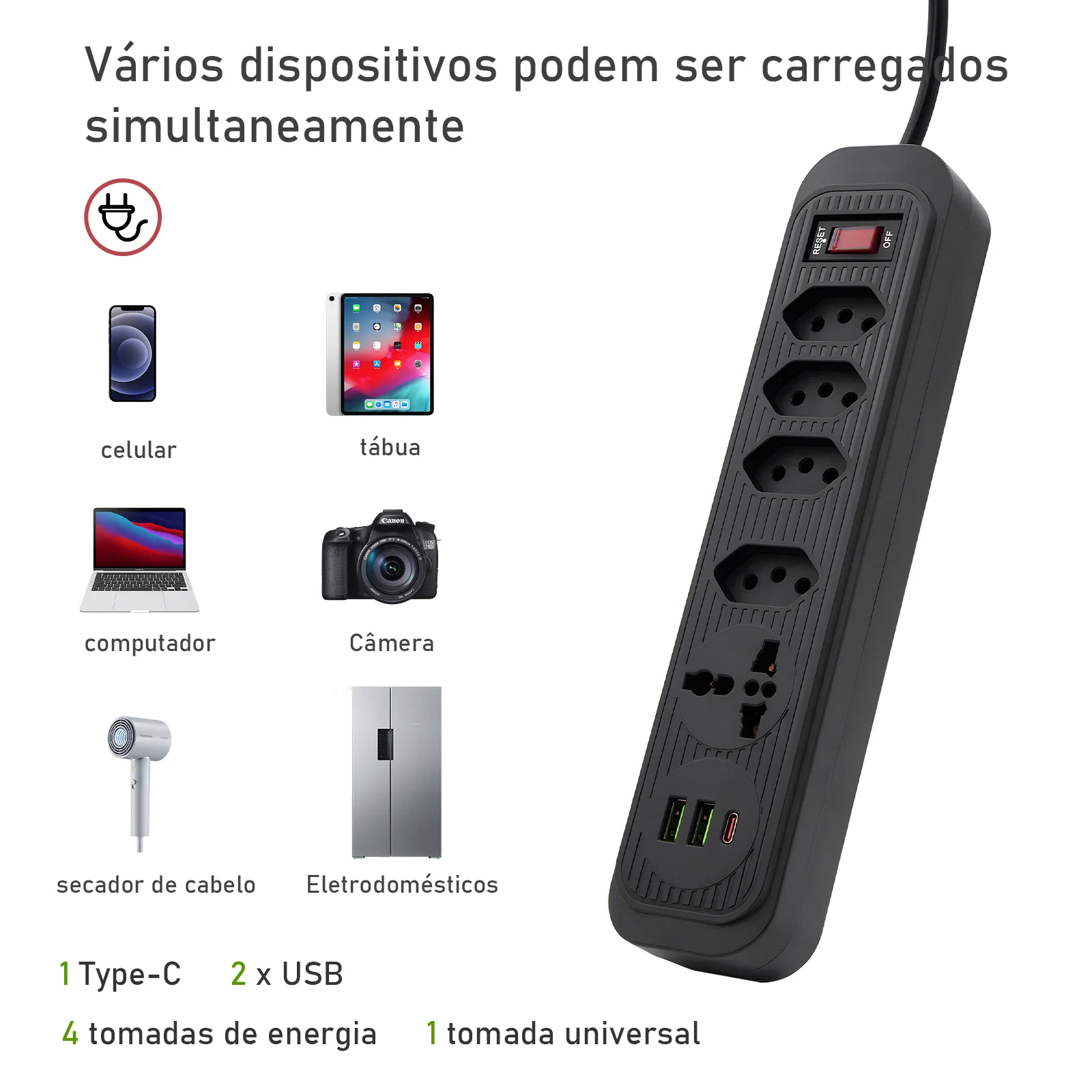 Filtro de energia, 4 Extensões de tomada, Cabo de extensão de 2M, 2 Portas de carregamento USB, 2500W, Tomada brasileira