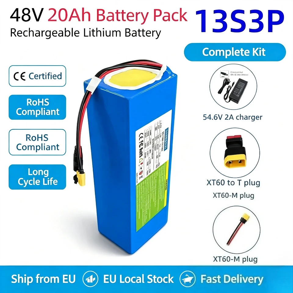 48V Elektroroller-Akku 13S3P 20Ah 18650 Grade-A Zellen 1000W Eingebautes BMS XT60 DC Hohe Kapazität Lange Reichweite Sicher & Langlebig
