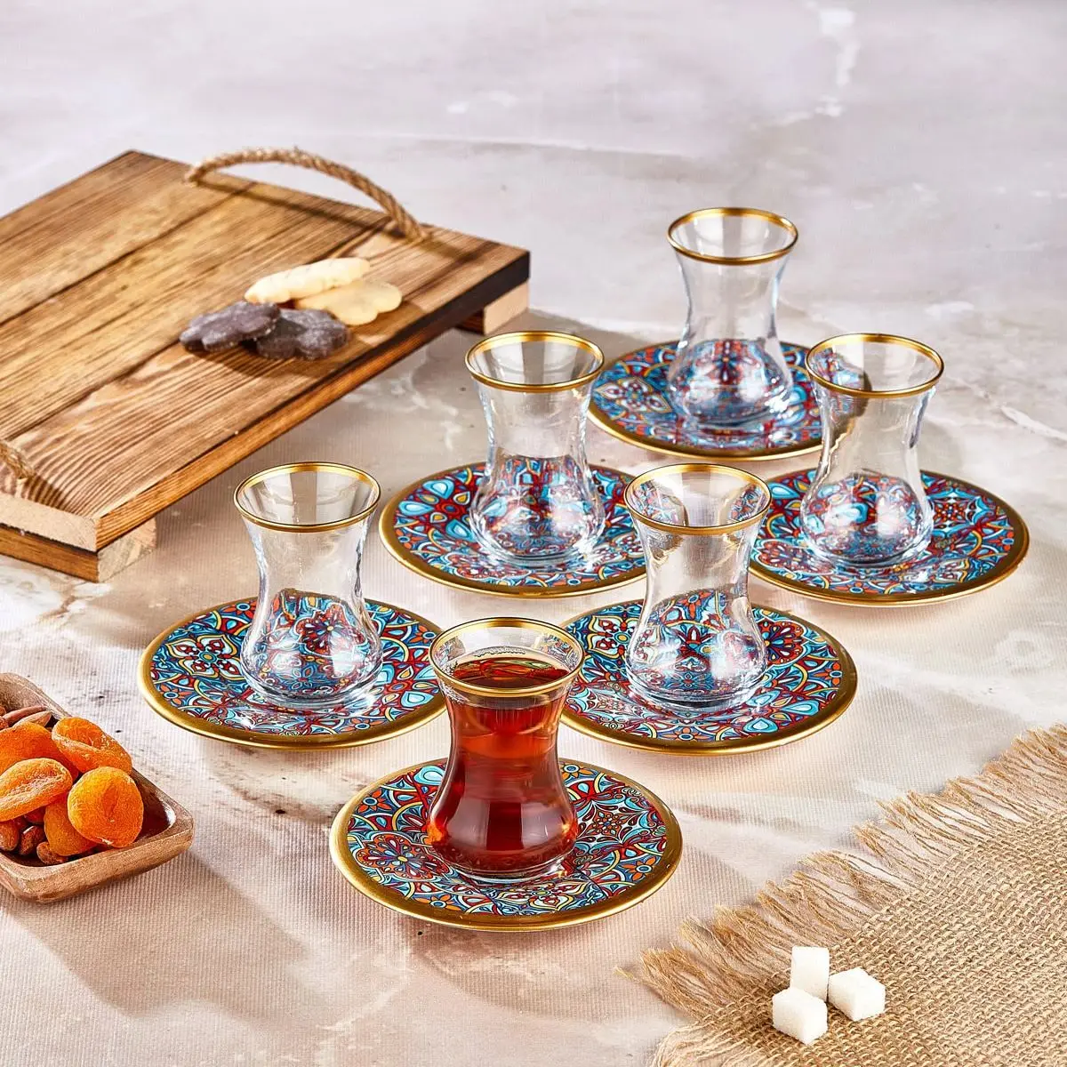 

12 Piece Decorated Glass Tea Cup Set, Turkish Style Glass Tea Cup Set Guest and Gift Set