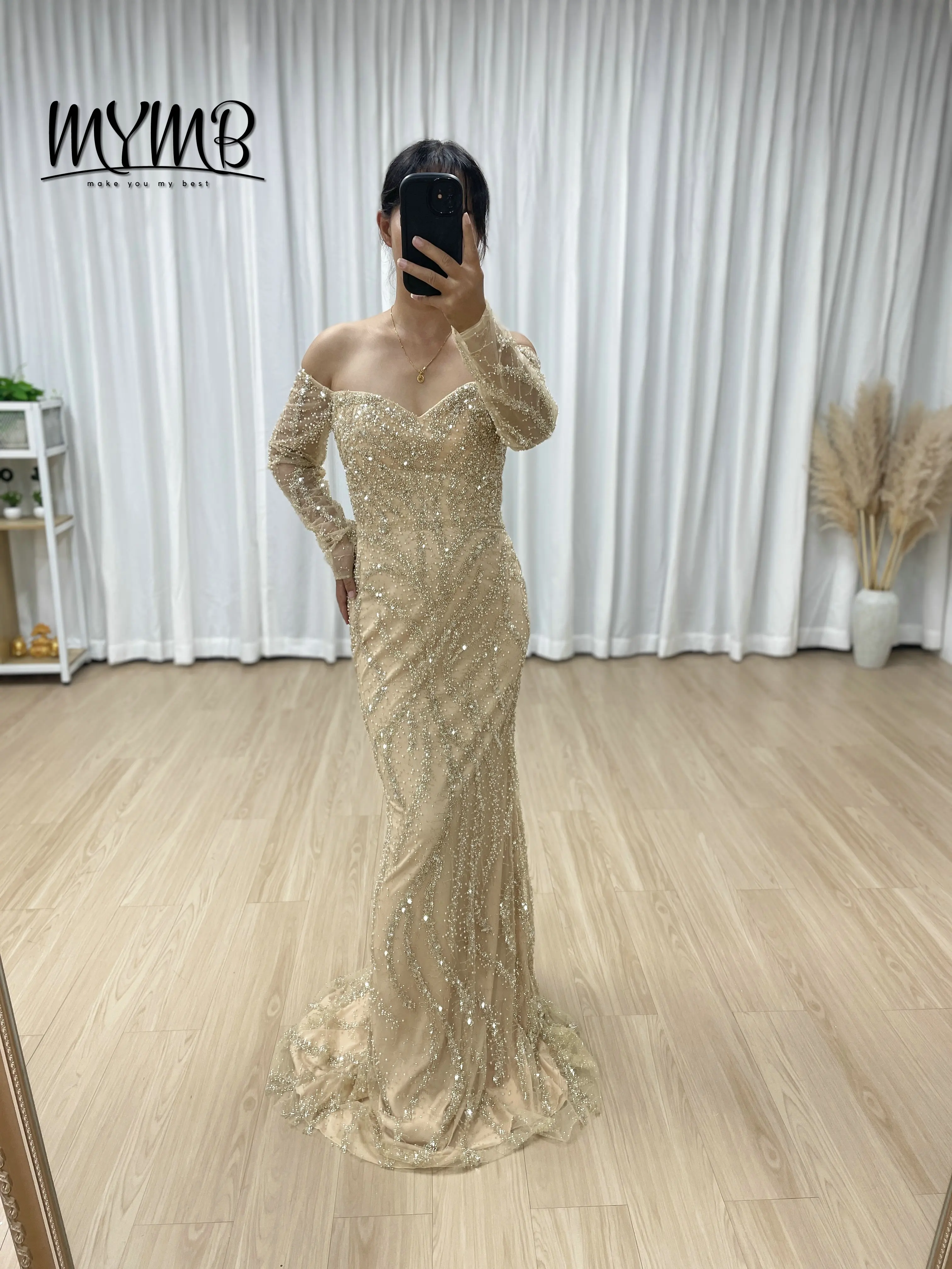 

MYMB Элегантные роскошные длинные вечерние платья русалки цвета шампанского с кристаллами и бусинами с длинными рукавами, свадебные платья для выпускного вечера для женщин MY30190