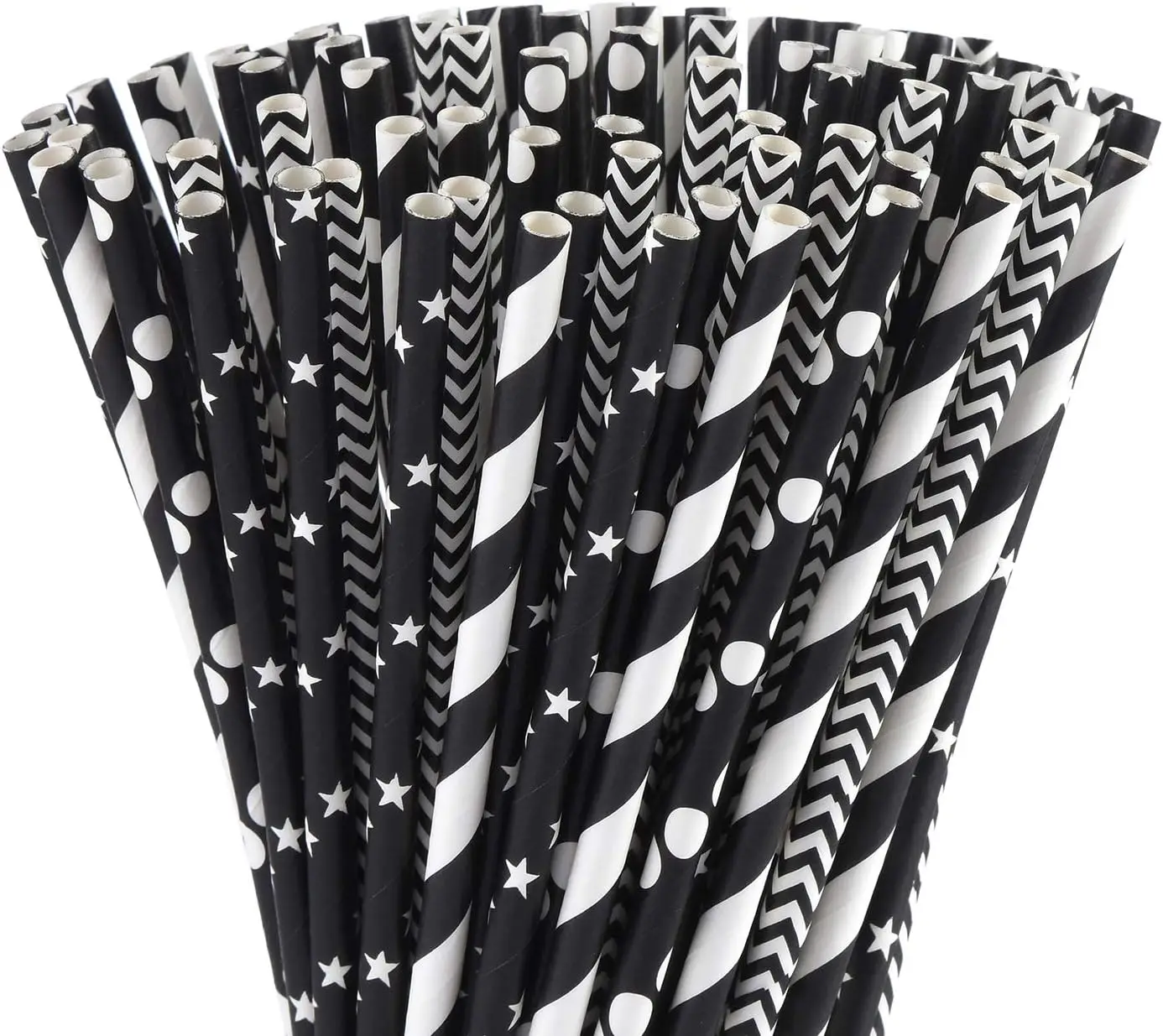 Biodegradable Black Paper Straws, 100 Stars/Dots/Stripes/Waves Drinking Straws for Juice, Cocktail, Smoothies, Birthday, Wedding