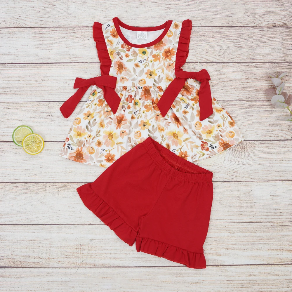 

Baby New Kids Cotton Sleeveless Red T-shirt Set Round Neck Floral Priting Girl Top Clothes And Red Bow Decorate Shorts Suit