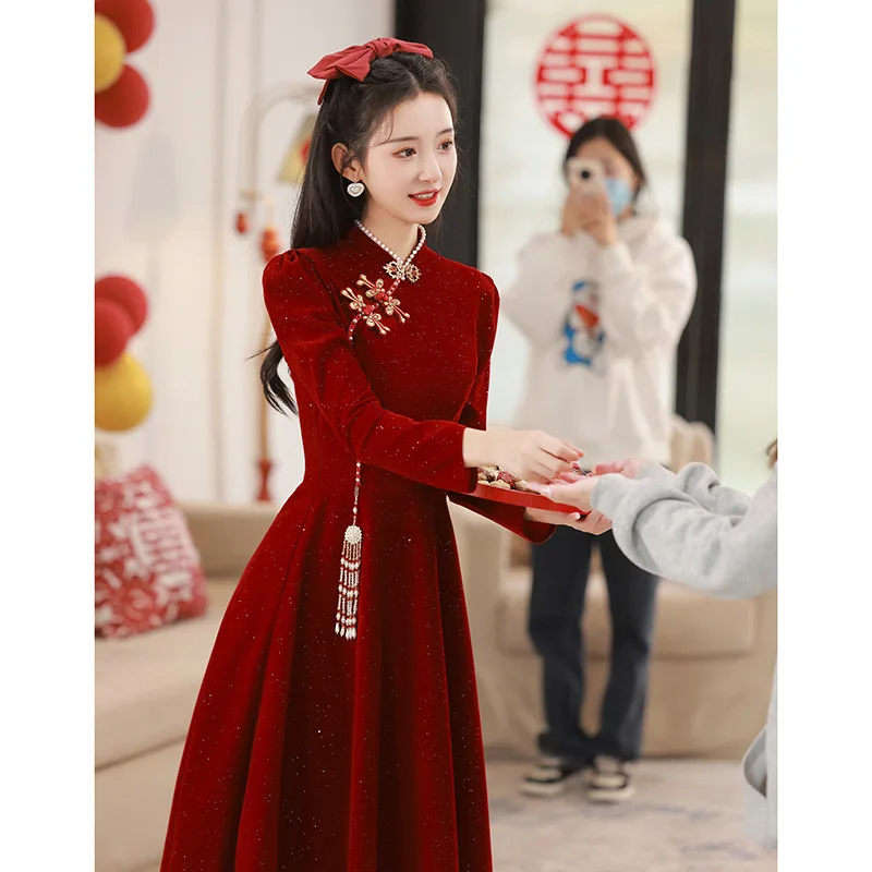 Toast cheongsam bride wedding wine red engagement evening dress female