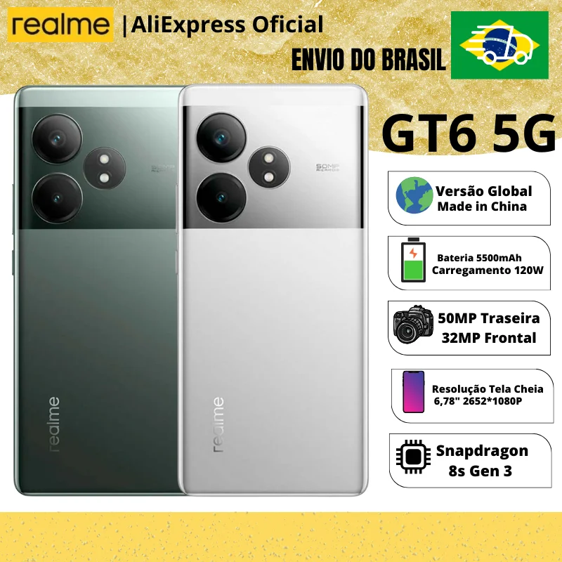 Celular Realme GT 6 5G | Envio do Brasil | Smartphone 5G, ROM Global, Processador Snapdragon 8s Gen 3, Carregador 120W