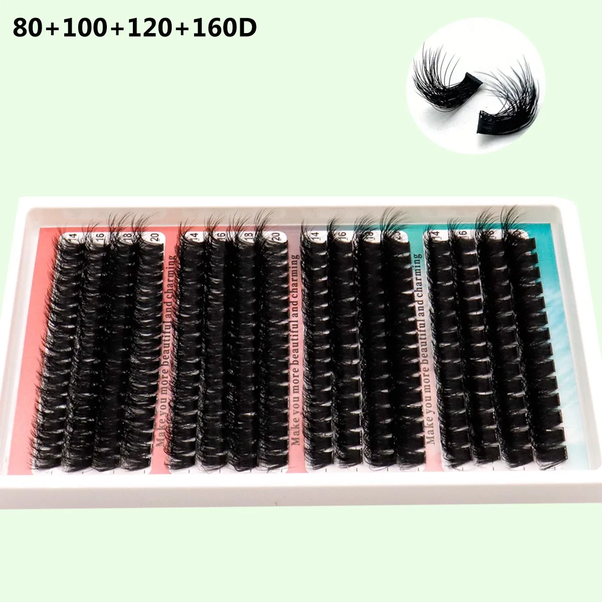 4 secciones 16 filas 60D-200D pestañas peludas segmentadas DIY de gran capacidad 14-20mm mezcla de pestañas postizas