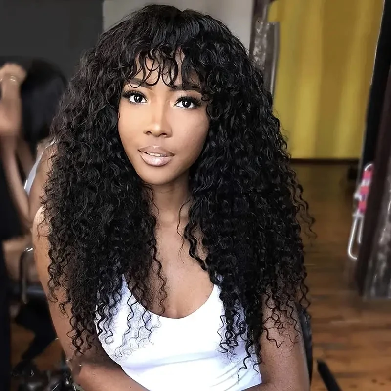 

Aircabin Brazilian Kinky Curly Wig With Bangs Full Machine Made Natural Color Remy Human Hair Curly Wigs For Women and Girls