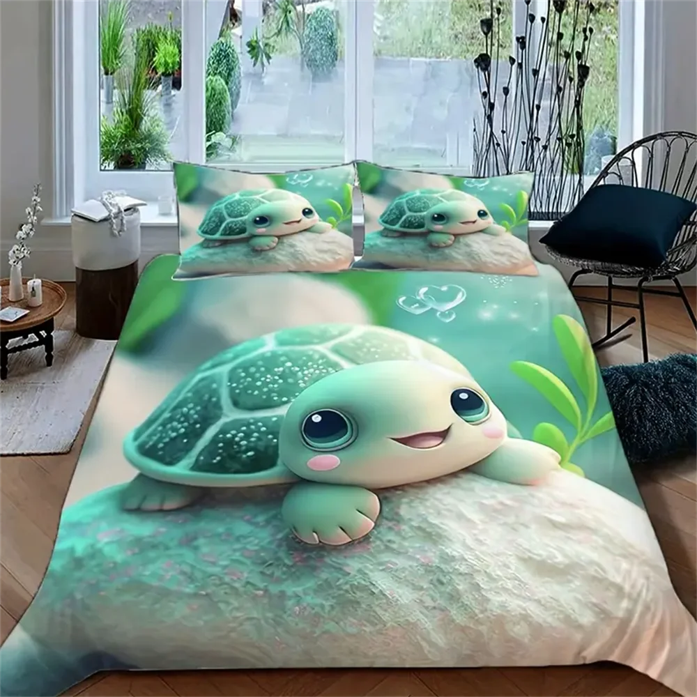 

Cartoon Turtle Themed Duvet Cover Set - Breathable Soft Polyester Bedding with Zipper Closure, Digital Print, Knitted