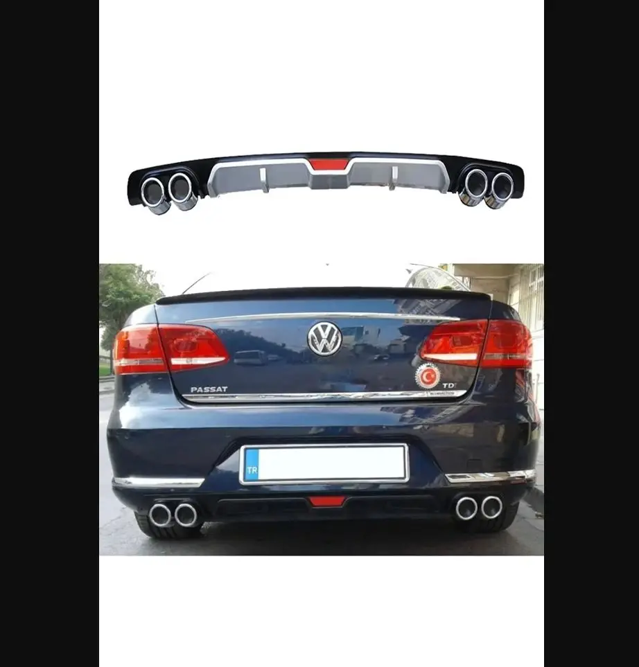 For VW Volkswagen Passat B7 Rear Diffuser Universal Black or Gray + Four Chrome Exhaust View - Spoiler Wings Lip Flaps Sporty