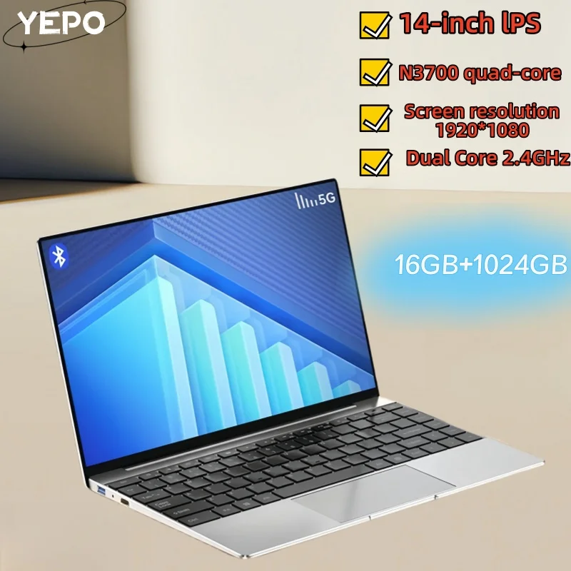 14 Inch Laptop Intel Celeron N3700 16GB RAM 1024GB SSD Windows 11 Office Study Computer PC Screen resolution1920*1080