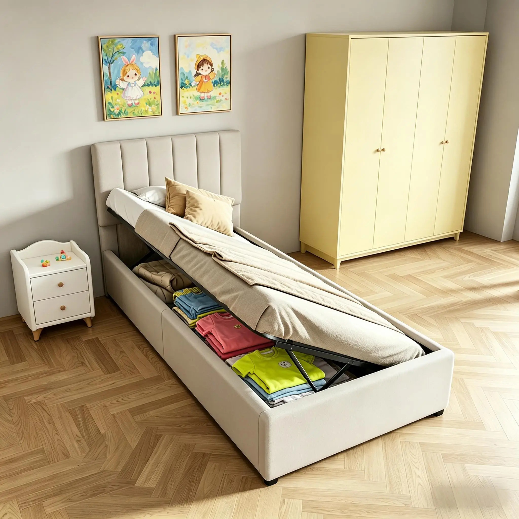 Cama infantil de 90x cm, cama cuadrada, cama con baúl hidráulico, estructura de cama con almacenamiento y somier, Lino, Beige