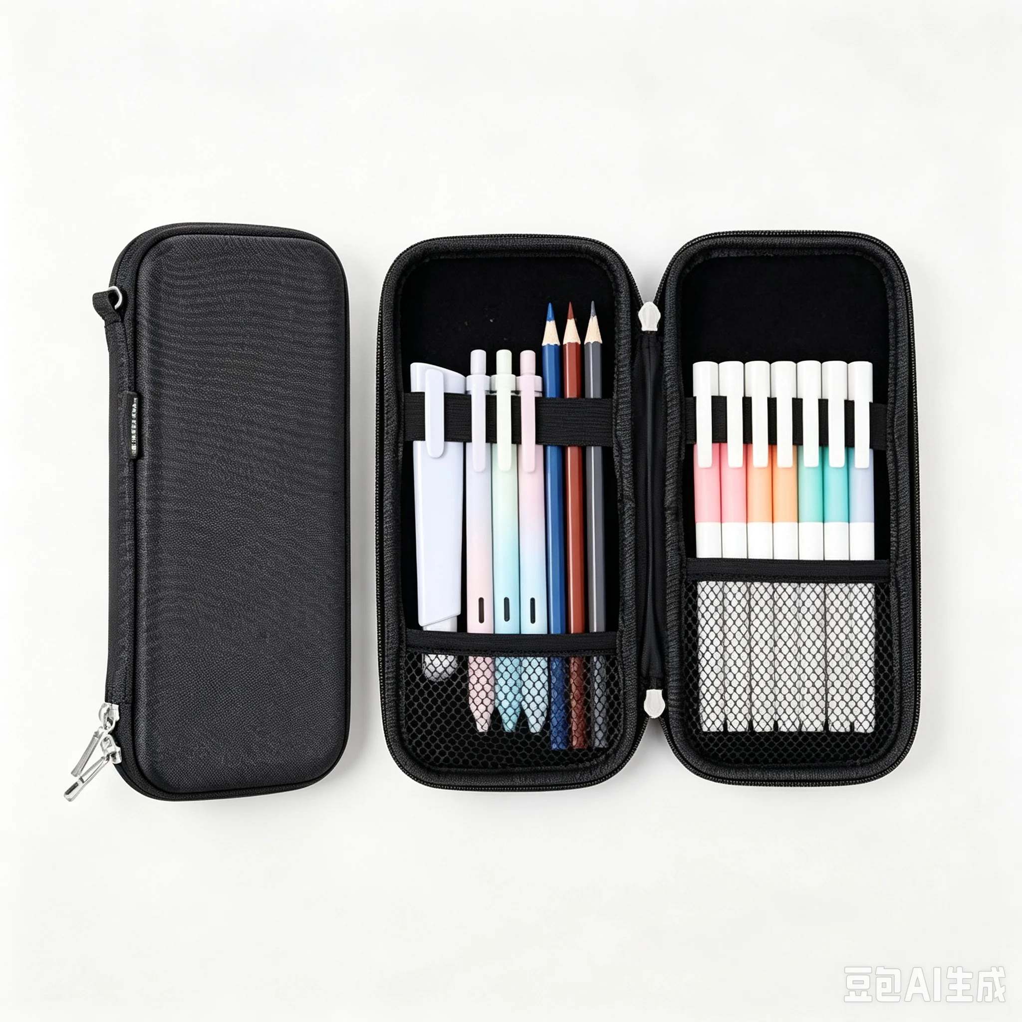 Black Hard EVA Pencil Case Shockproof Waterproof Pen Carrying Case Oxford Fabric Stationery Storage Box with Mesh Pocket Elastic Bands for Students Adults