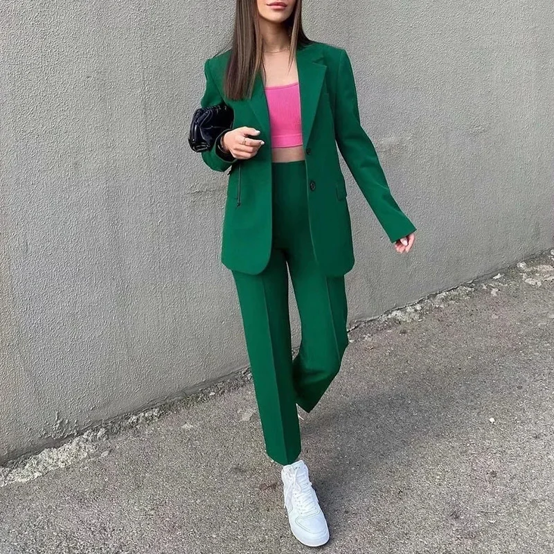 Women's Sets Blazers Office Elegant Ladies Work Wear Outfit Female Pocket Jacket Green Coat Two Piece Suit Button Loose Blazer