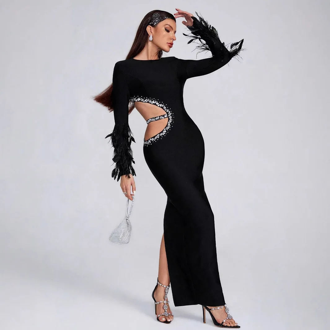 2025 high-quality summer women's black hollow out diamond inlaid feather bandage dress elegant party dress