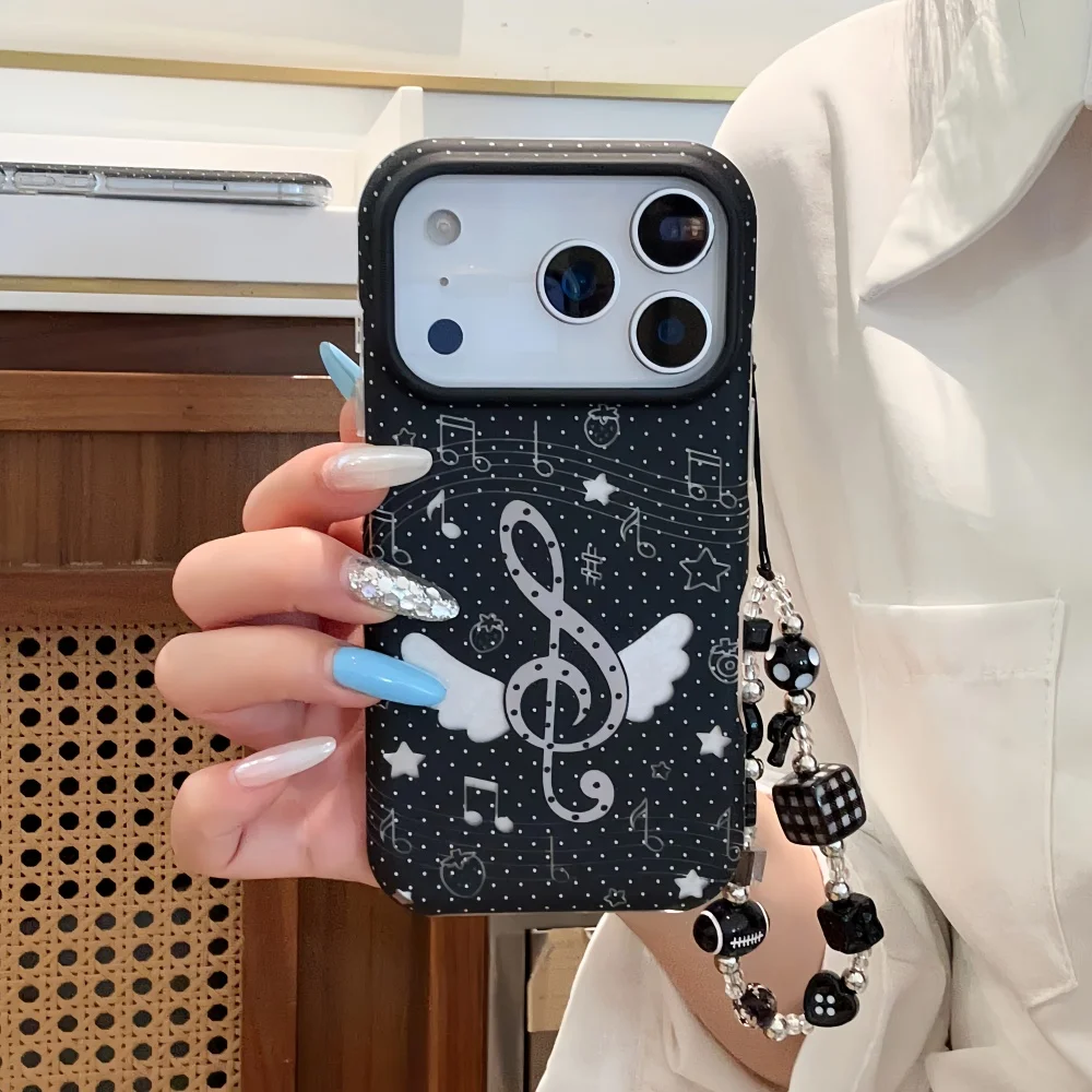 Korean Ins Cute Angel Note Black Phone Case Suitable For iPhone 17 Pro Max 16 Max 15 16 17 Pro Cover, Fashion Anti-Fall Set Cool