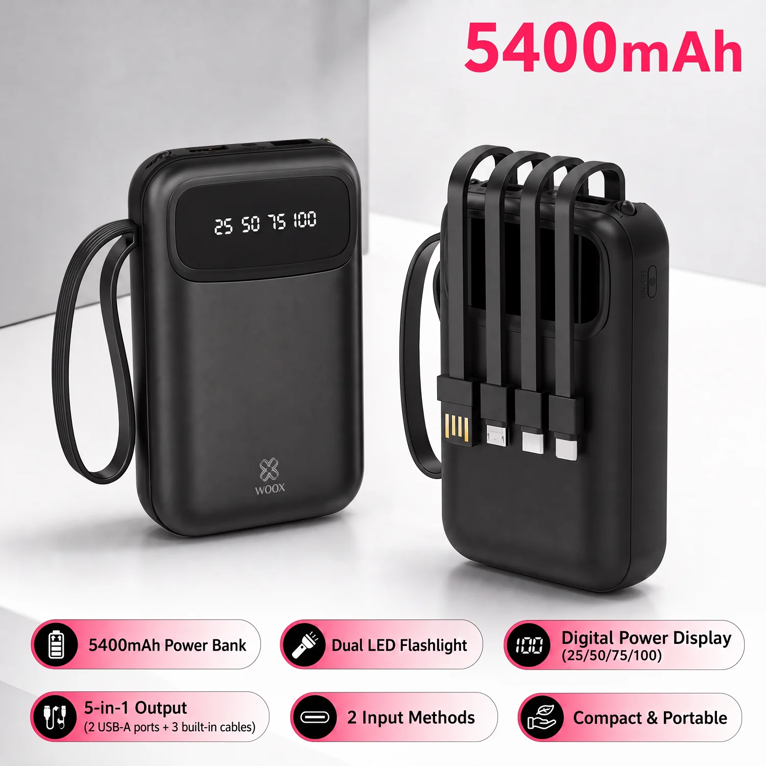 Power bank portatile da 5400 mAh con cavi integrati (USB-A, Micro-USB, Type-C, Lightning), 2 porte di ingresso, indicatore del livello di carica e batteria esterna compatta per telefoni cellulari,