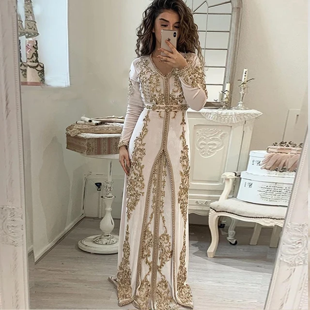 Dubai Moroccan Caftan Muslim Formal Dress Robe De Soirée De Mariage Ivory  Velvet Lace Beaded Long Sleeves Evening Gowns 2023 - AliExpress