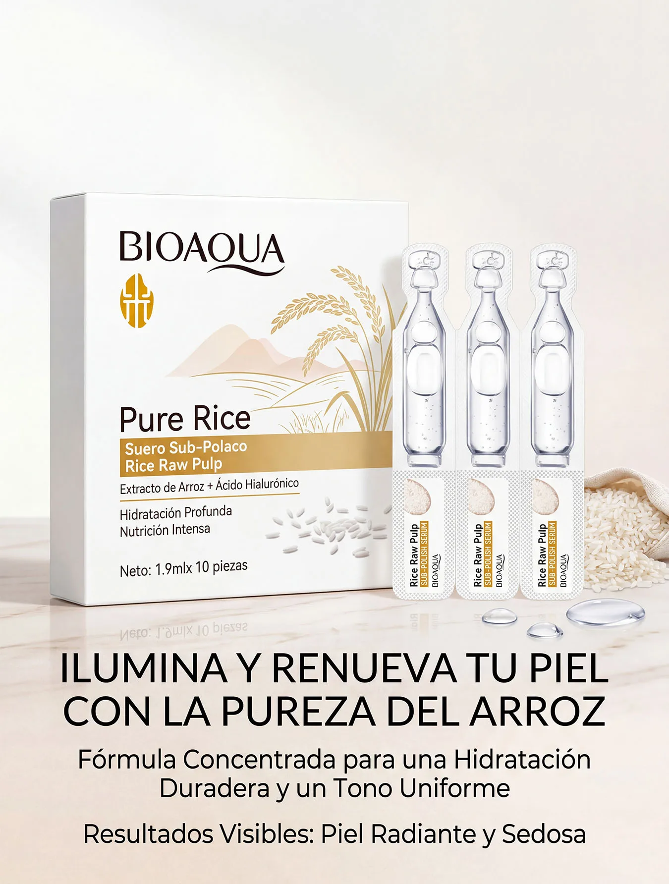 BIOAQUA Suero de Arroz Puro Ampolletas 10pz Ácido Hialurónico y Vitamina C Hidratación Profunda Minimiza Poros Unifica Tono Radiante Piel Suavecita Nutrición Facial Calidad Profesional Neta Chula