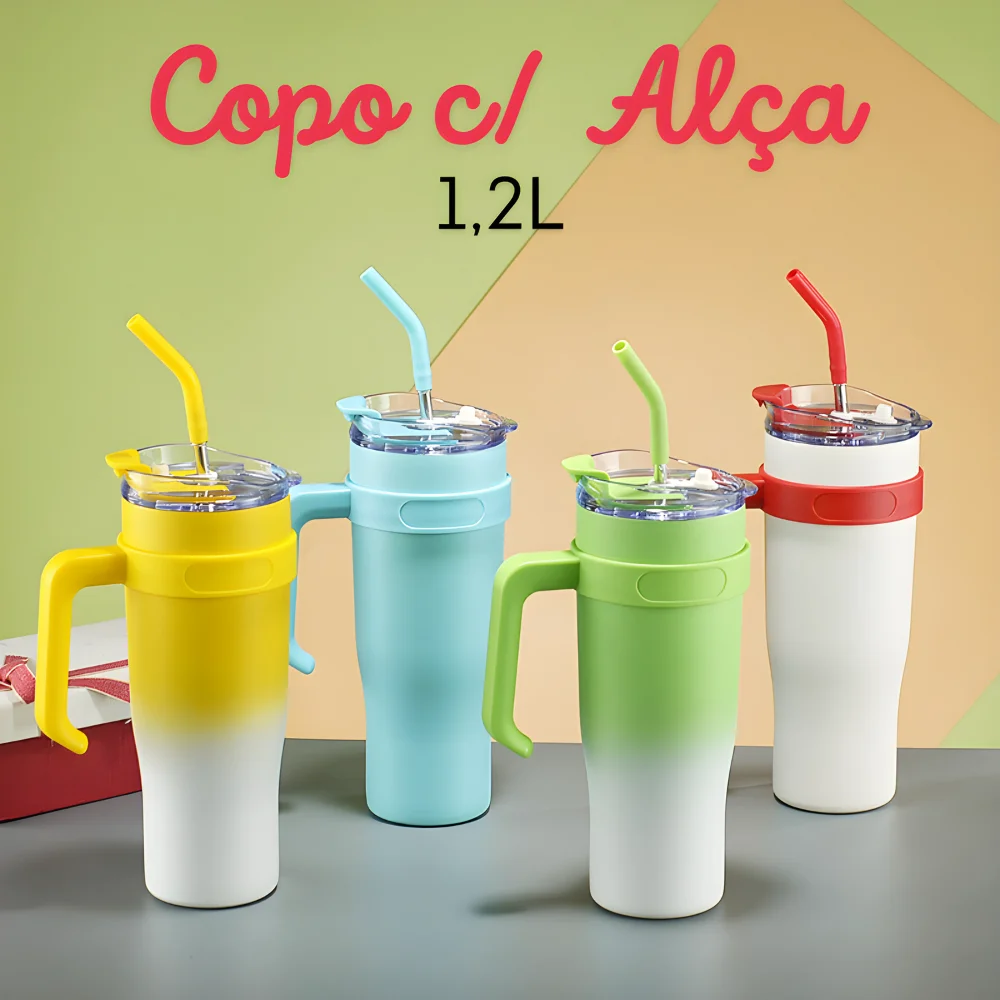 Copo Quencher Garrafa Térmica Aço Inoxidável Com Cabo 1.2L Caneca Tampa Canudo Festas Balada