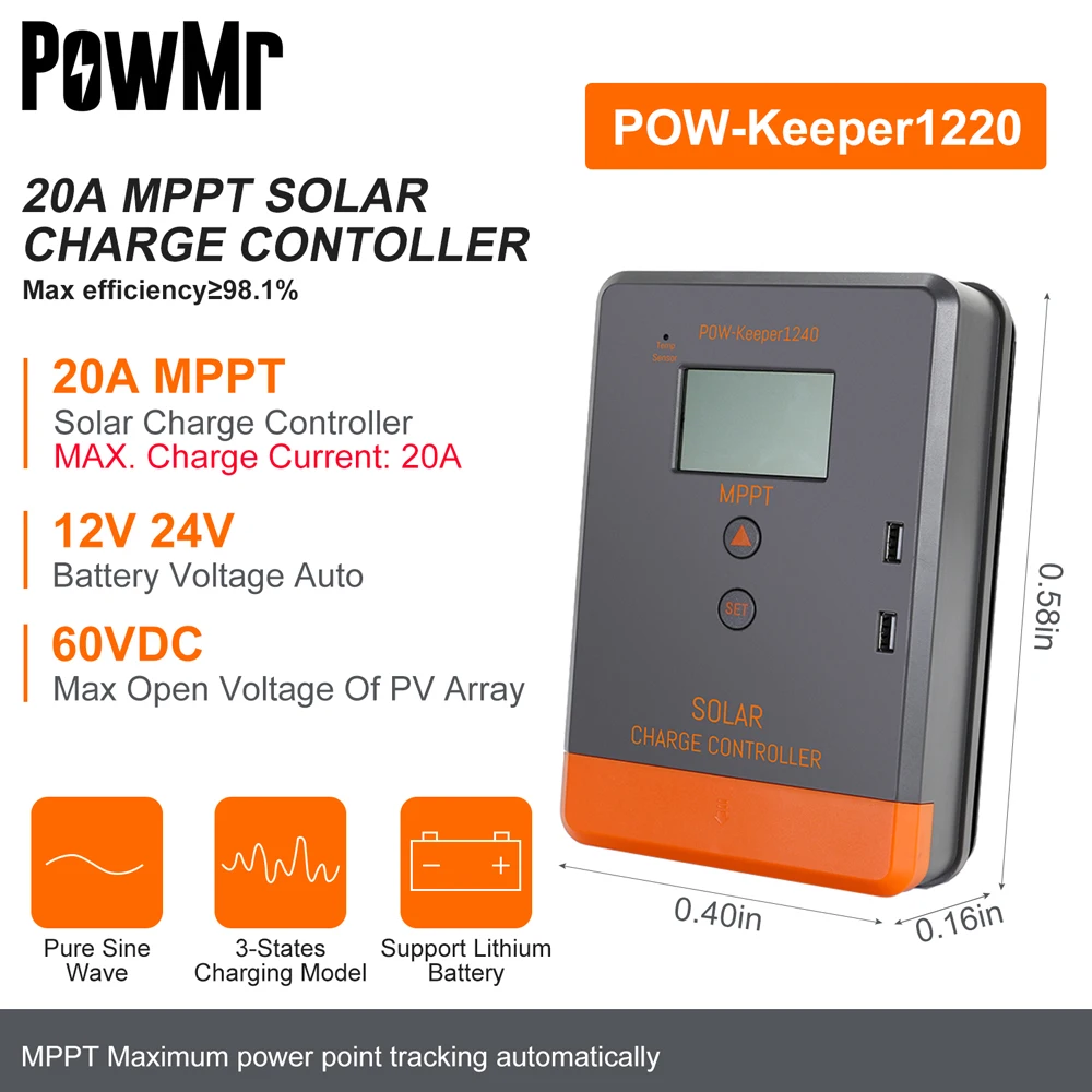 وحدة تحكم شاحن الطاقة الشمسية Powermr-MPPT ، 100A ، 80A ، 60A ، 40A ، 30A ، 30A ، 20A ، LCD ، تعمل مع 12 فولت ، 24 فولت ، 36 فولت ، 48 فولت ، لوحة شمسية لبطارية الرصاص الحمضية