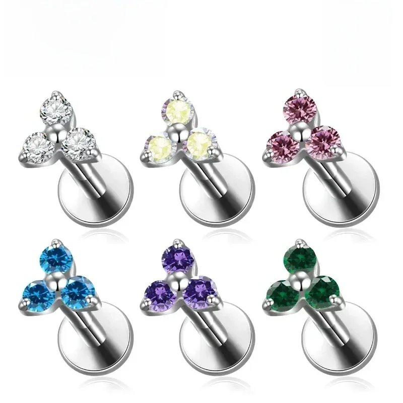 ASTM F136 Titanium Trinity Piercing Zirconia Paved Top Threaded Labret Studs Tragus Earrings Lip Tongue Stud Piercing Jewelry — 2