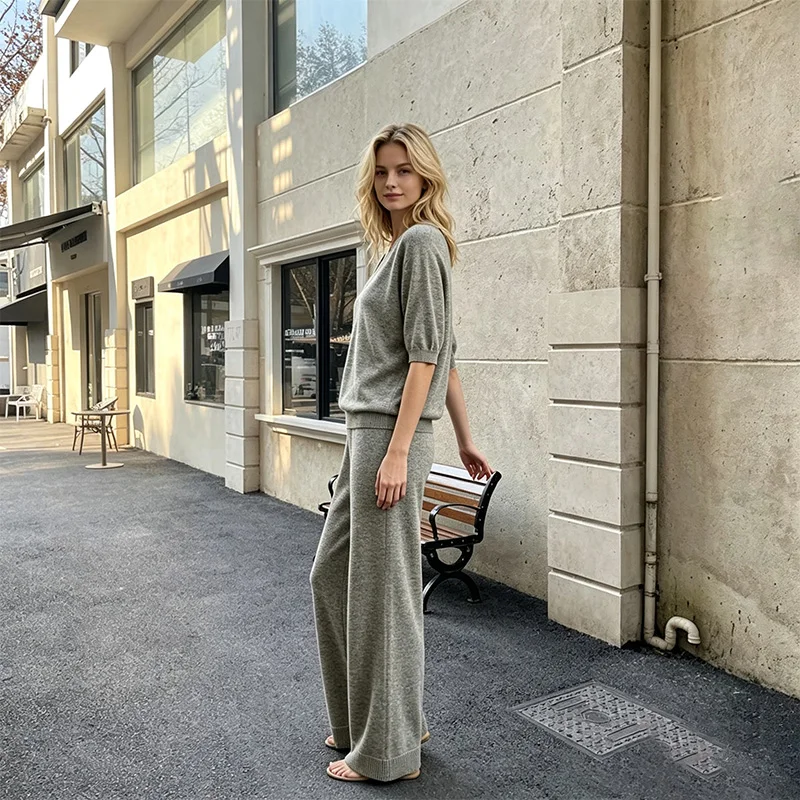 Conjunto de punto mujer dos piezas, jersey cuello V manga corta media y pantalones anchos, talla única, tejido suave, cómodo para estar en casa y salidas informales, 4 colores FM208