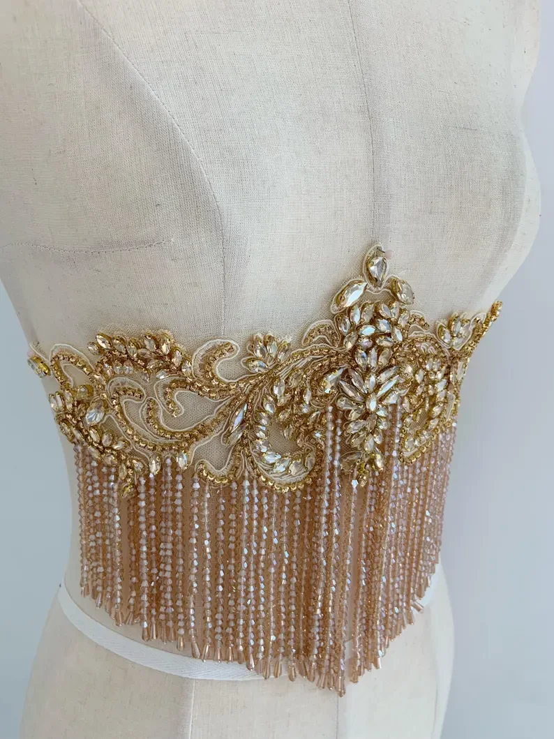 

Аппликация из бахромы со стразами цвета шампанского для вечернего платья, украшения для тела с украшением в виде бахромы для кутюр,