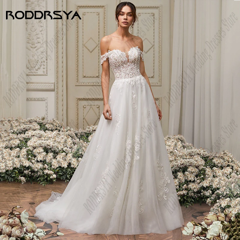 

RODDRSYA Beach Wedding Dress Off Shoulder Applique Bride Party Sweetheart A-Line Vestido De Novia Tulle Sleeveless Bridal Gown