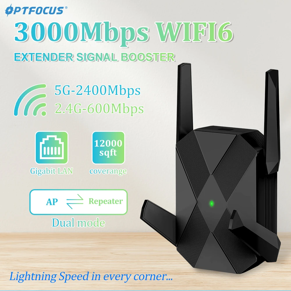 OPTFOCUS 와이파이 6 무선 리피터, 듀얼 밴드 신호 부스터 익스텐더, 장거리 네트워크 기가비트 신호 증폭기, AX3000, 2.4G, 5GHz 