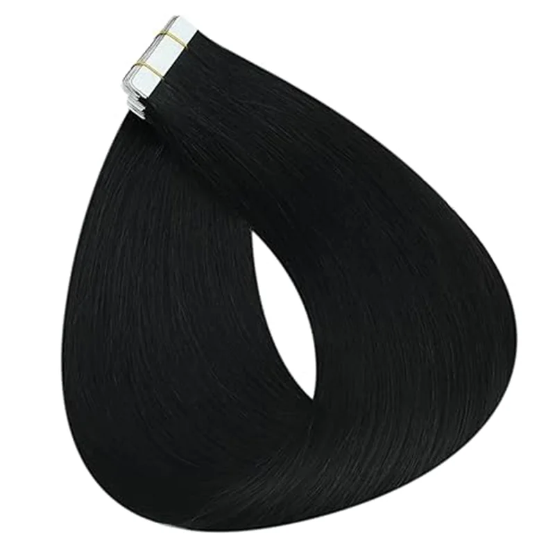 Fita de extensão do cabelo no cabelo humano, alisamento sedoso, extensões pretas, Ject Black, 20pcs, 50G