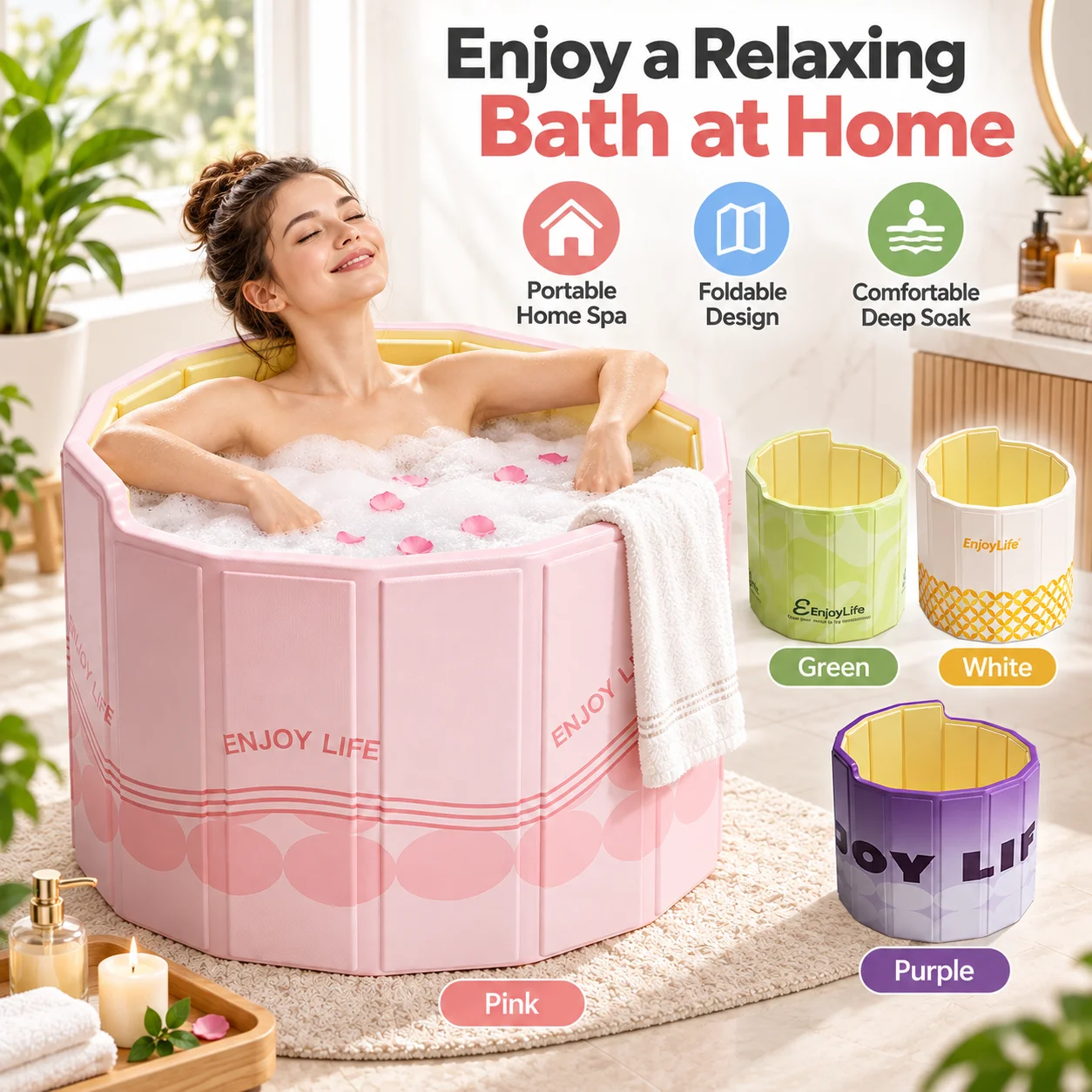 Portable Foldable Bathtub for Adults, Deep Freestanding Soaking Tub for Home Spa and Small Bathrooms,