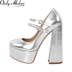 Onlymaker Women Platform Mary-Jane Pumps Sliver Chunky 16CM High Heels Ankle Strap Dress Party Big Size Hoof Heel Shoes