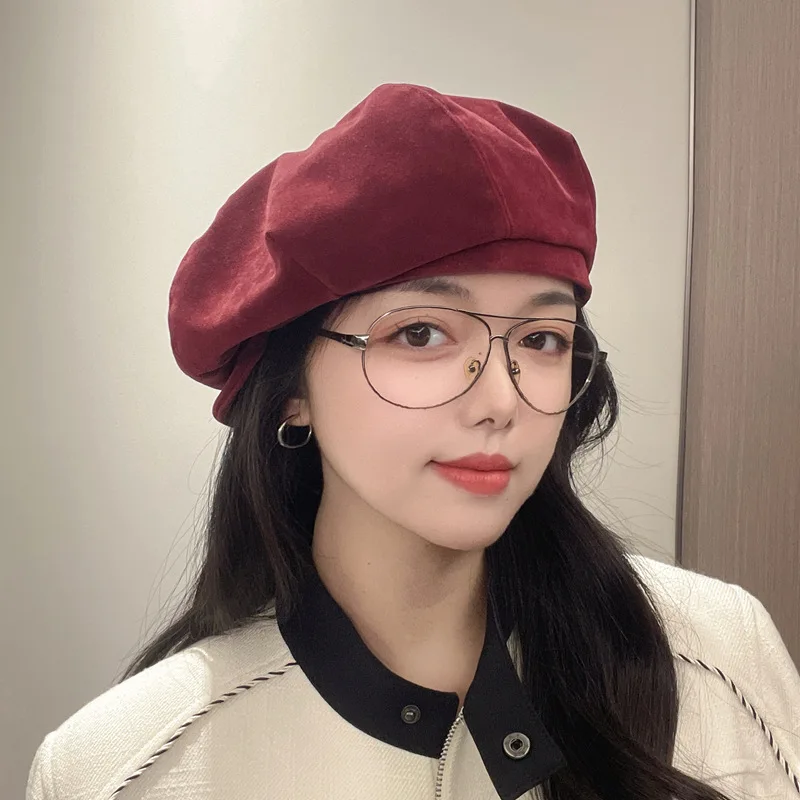 2024 New Suede Material 3 Ways to Wear Small Flying Brim Beret Women's Duck Tongue Winter Windproof Retro Octagonal Cloud Hat Trend