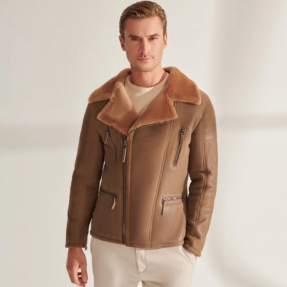 Denny&Dora Mens Shearling Jacket - Brown Leather Short Sheepskin Coat for Men