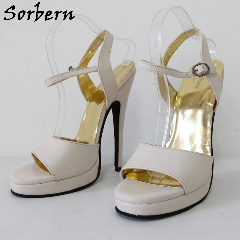 Sorbern Ivory Genuine Leather Slingback Sandals Platform High Heel Stilettos Plus Size Sissy Boy Heels Summer Shoe Size 12