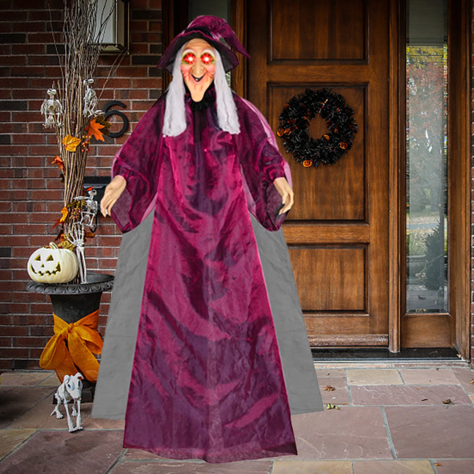 Halloween Voice Controlled Witch LED Glowing Eyes Talk Hanging Witch Horror Decor Props Haunted House Garden Outdoor Xmas Party