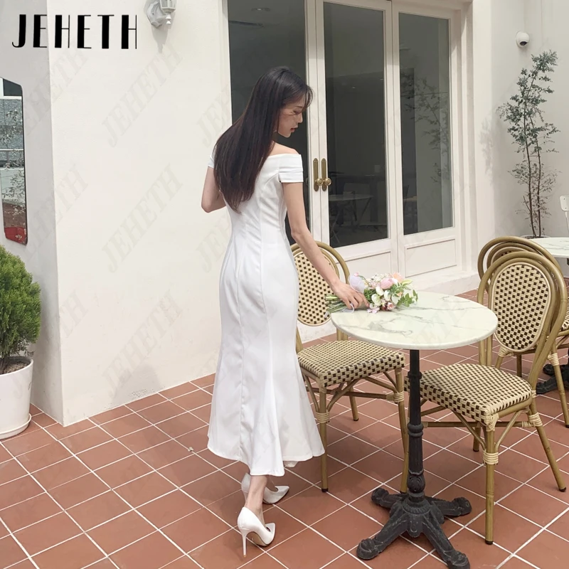 JEHETH V-Neck Pleat Mermaid Korea Bridal Gowns For Women Off Shoulder Wedding Dresses Satin Vintage 웨딩드레스 Photography Tea-Length