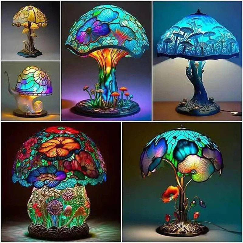 Creative  Flower Mushroom Retro Table Night Lamp Atmosphere Light Stained Glass Plant Series Table Lamps for Bedroom Bedside