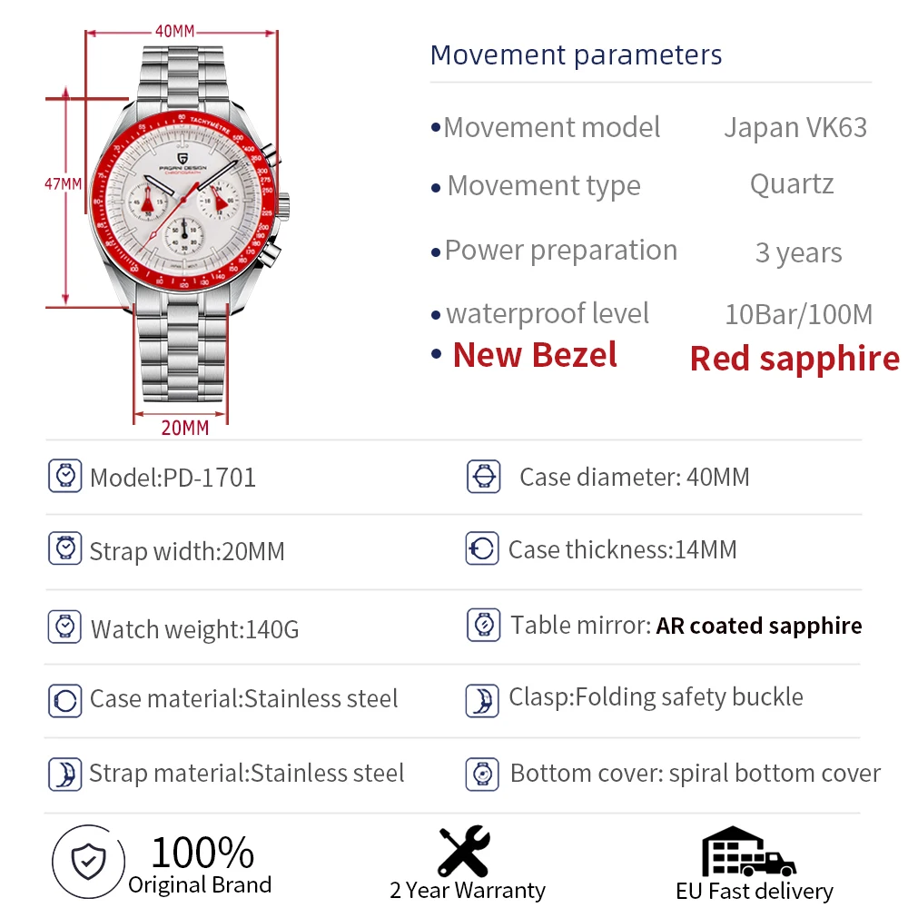 montre homme rouge quartzchronographe – vue détaillée