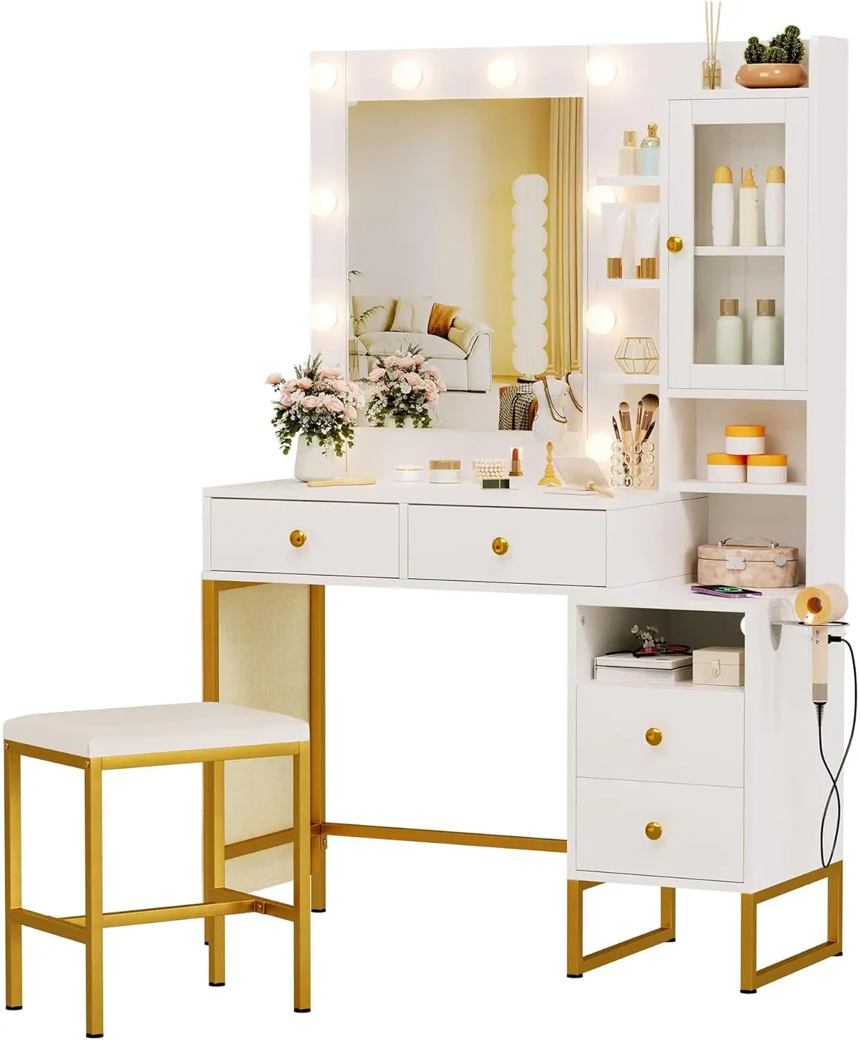 Makeup Vanity Desk with Mirror and Lights  Vanity Desk with Charging Station and 10 LED Light Bulbs, Glass Door Cabinet, Vanity Table Set with Stool
