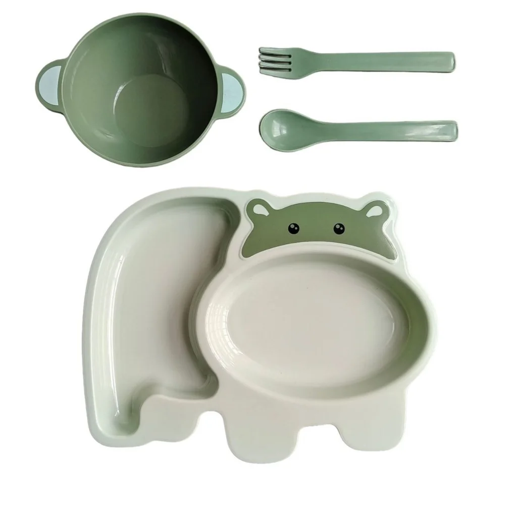 Kit Refeição Introdução Alimentar Infantil Completo Prato Tigela Talheres Animais 4pcs