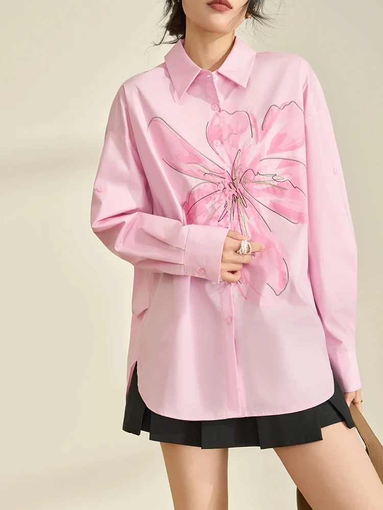 Women Pink Floral Print Shirt Loose Fit Button Down Long Sleeve Oversized Style Casual Vintage Statement Blouse Top